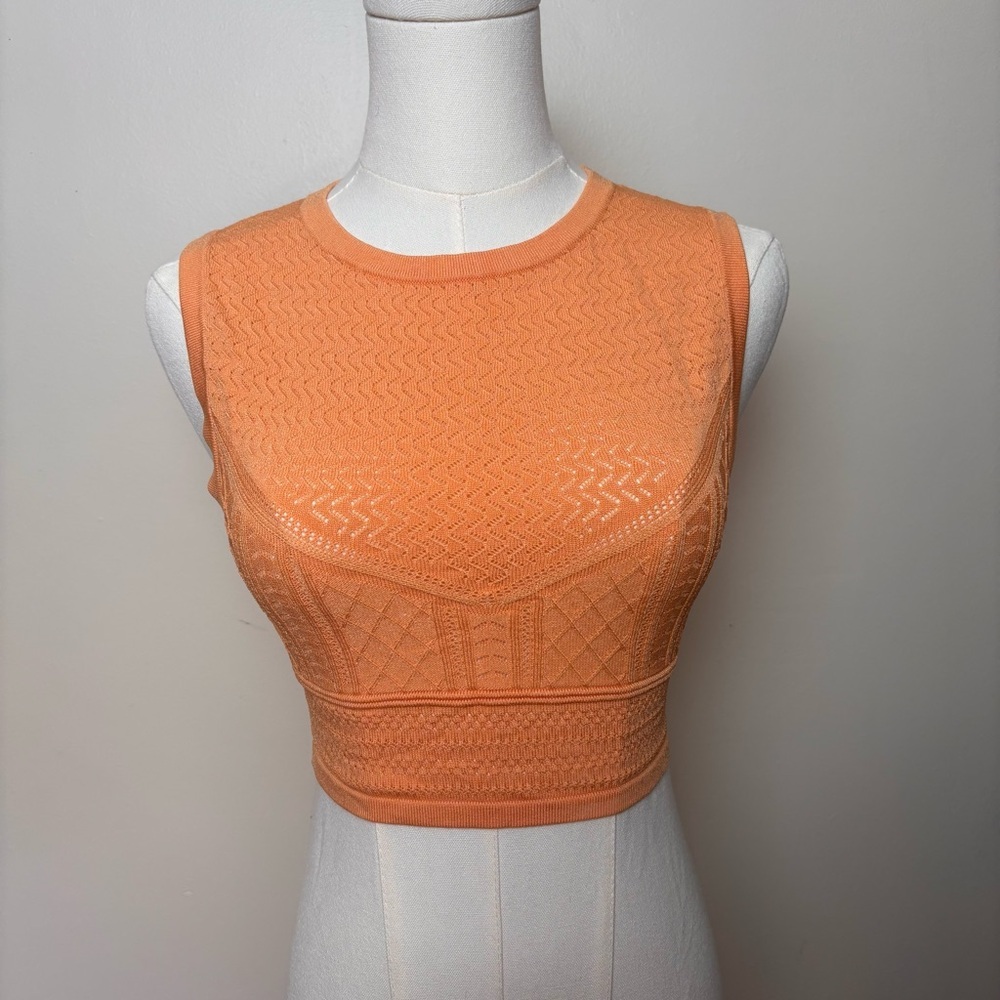 Babaton Orange Seamless Knit Crop Top Sleeveless Fitted Textured Small